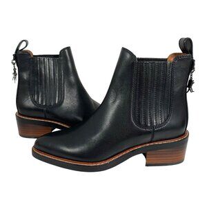COACH Bowery Chelsea Black Leather Boots Rex Charm Bootie Womens SZ 5 Flaw #1